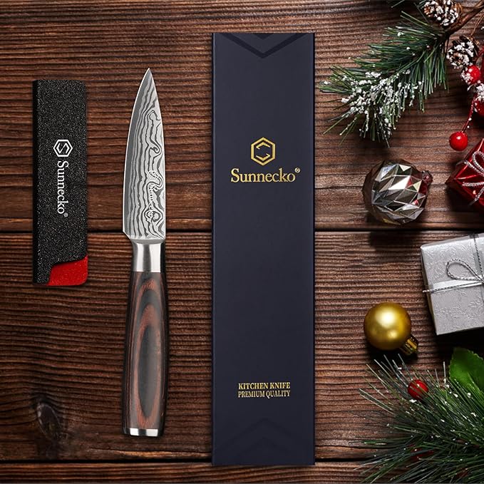 Sunnecko Small Kitchen Knife 3.5 Inch Paring Knife High Carbon Stainless Steel Fruit Knife with Wood Handle, Sharp Knife for Cutting Tomatoes with Gift Box