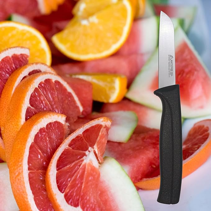 MATTSTONE HILL Kitchen Paring Knife - 3 Inch, Slim Blade, Premium Stainless Steel, Semi Soft Black Handle