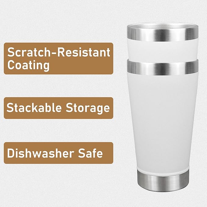 16 oz Beer Tumber Insulated Set of 4, Pint Glass Stainless Steel Double Walled, Stackable Cold Drinking Cup Mug Stein, White, Ideal for Beer Lover, Coffee, Outdoor