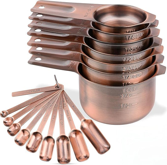 Copper Measuring Cups and Spoons Set 17, 7 Stainless Steel Measuring Cups&9 Long Hanlde Narrow Measuring Spoons for Spice Jar&Leveler, Kitchen Metric&US Measure Cup Spoons for Dry and Liquid