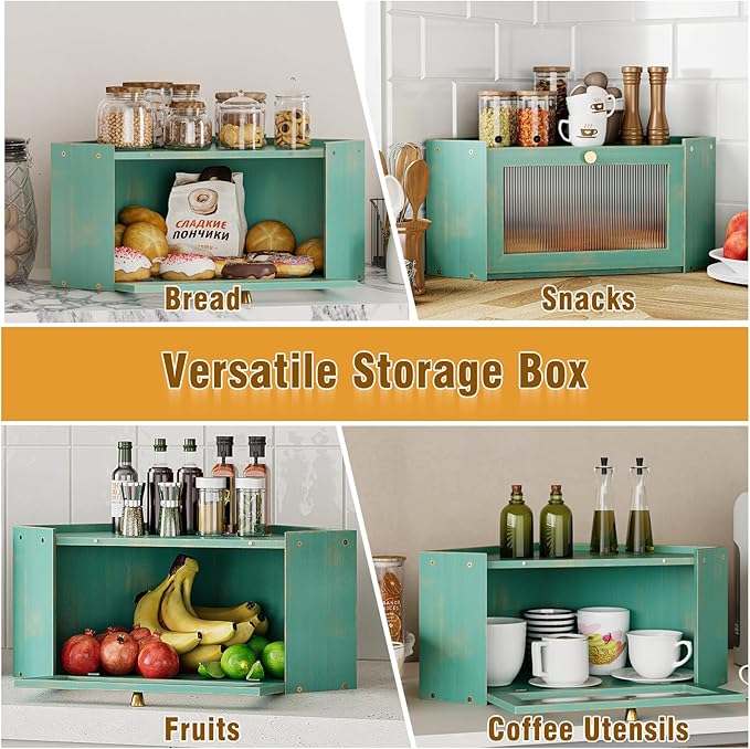 Corner Bamboo Bread Box for Kitchen Counter Large Capacity Rustic Bread Storage Container with Wavy Arcylic Transparent Door Vintage Storage for Homemade Bread (Antique Blue)