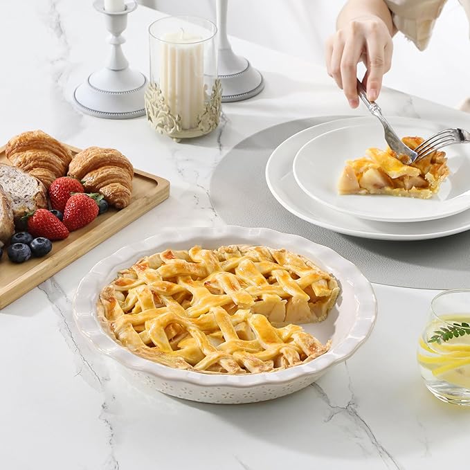 MALACASA Pie Pan, Stoneware Pie Dish for Baking, 45 OZ Deep Dish Pie Pans 9 Inch, Embossed Quiche Baking Dish for Oven, Fluted Dish Pie Plate for Apple Pie, Pot Pie and Quiche, Set of 1, Series LYDIA