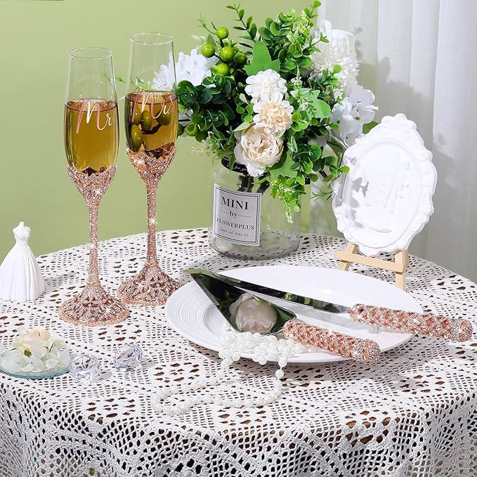 4-Piece Wedding Cake Knife and Champagne Flutes Set, Crystal Rhinestone Glasses and Cake Cutting Server for Bride and Groom Wedding Reception or Anniversary (Gold, Elegant Design) (Rose Gold)