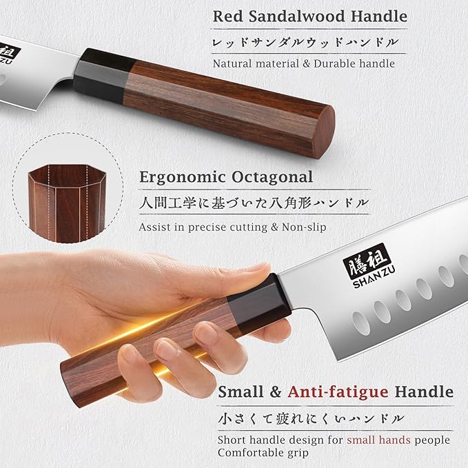 SHAN ZU 5 Inch Santoku Knife for Small Hands, Japanese High Carbon Steel Kitchen Knife, Multi-function Mini Size Sharp Chef Knives with Ergonomic Red Sandalwood Handle, Sashimi Knives