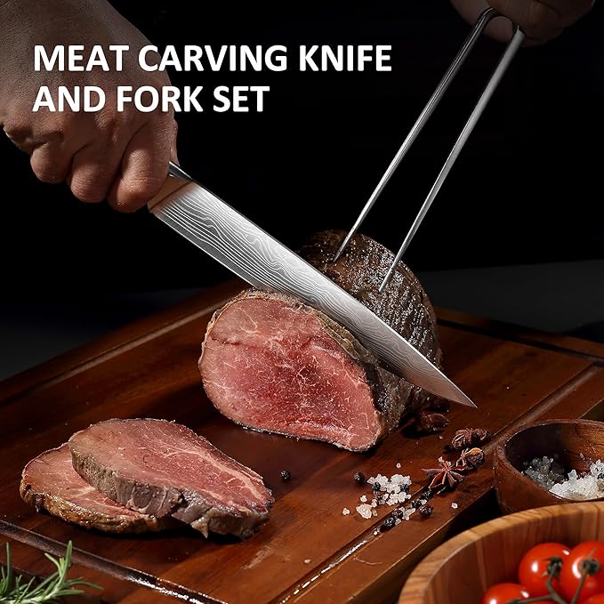 YOTSUBA Carving Knife and Fork Set, Meat Cutting Knife, Razor-Sharp German Stainless Steel Knives Fork Set with Ergonomic Wood Handle, Slicing Knives for Meats, BBQ & Vegetables