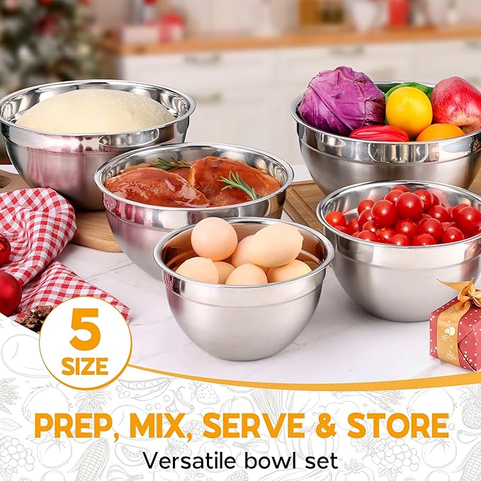 Onader Mixing Bowl Set of 5 for Kitchen, Stainless Steel Metal Nesting Mixing Bowls with Khaki Lids – Size 1.5, 2, 2.6, 3.5, 4.6QT