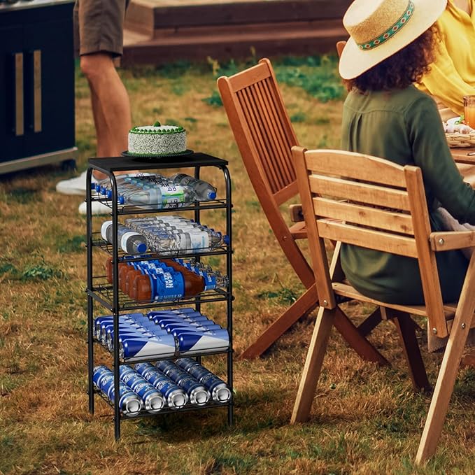 Vrisa 5 Tier Water Bottle Storage Rack Vertical Freestanding Bottled Water Organizer Large Capacity Beverage Drink Soda Can Holder Stand for Kitchen Pantry Home Party Food Storage, Black