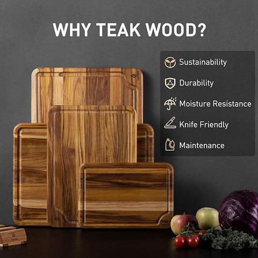4 Pack Teak Wood Cutting Board Set for Kitchen Heavy Duty Non Toxic Non Slip Solid Thick Wood Haus Chopping Board Extra Large Big Small Meat Best Essential House Warming Hostess Host Gift