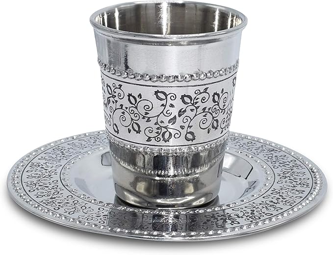 Ner Mitzvah Kiddush Cup and Tray - Premium Quality Stainless Steel Wine Cup - For Shabbat and Havdalah - Judaica Shabbos and Holiday Gift