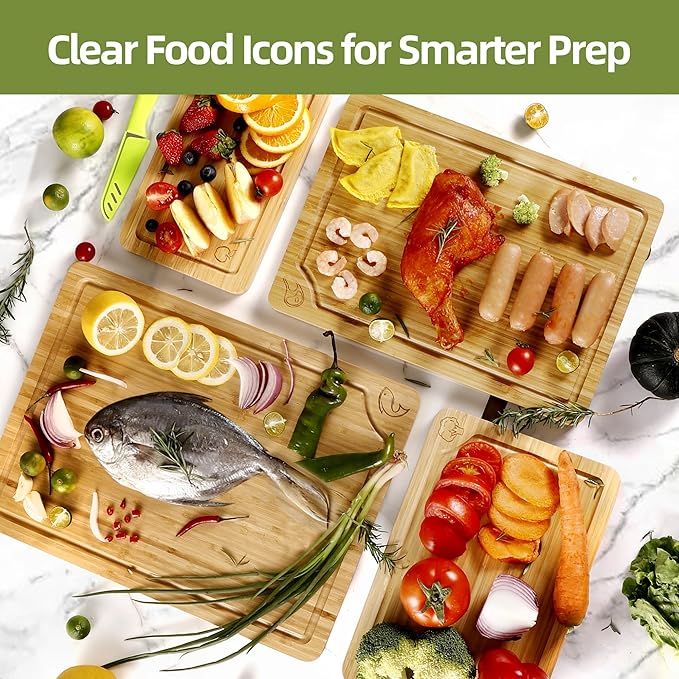 Bamboo Cutting Board Set of 4, Chopping Boards with Food Icons for Kitchen, Charcuterie Board for Meat, Vegetables, Fruits, Cheese