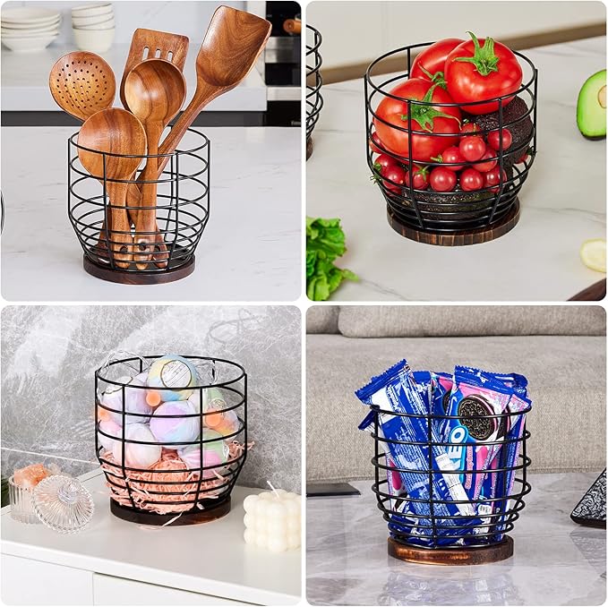 Yangbaga 2pcs Coffee Pod Holder - Large Capacity Black Wire K-Cup Holder With Wooden Base, Modern Basket Bar Decor for Station, Espresso Pods & Capsules, Fruit Snack Storage