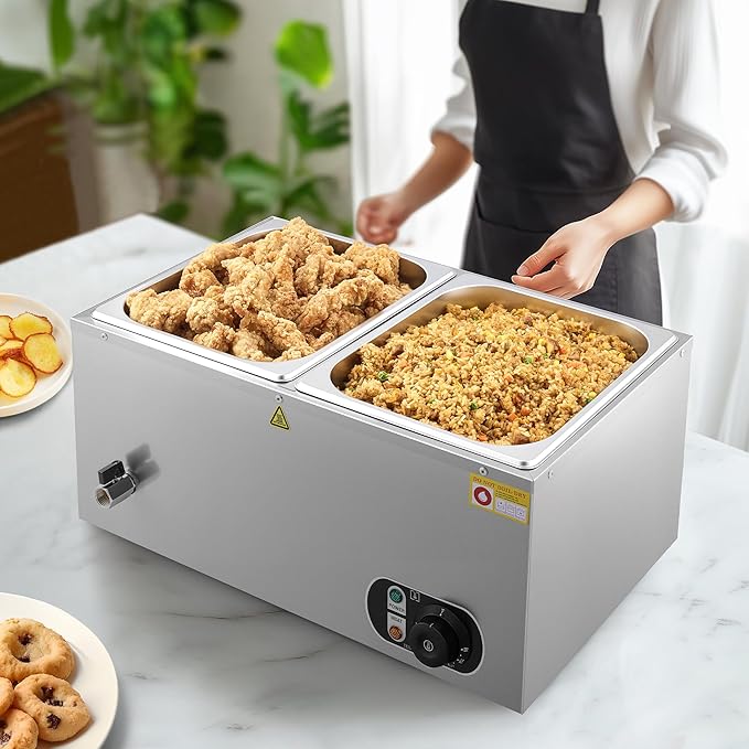 WILPREP Single-Well Commercial Food Warmer with Two 1/2 Pans, Electric Warmer for Food with Adjustable Temp. & Automatic Shutoff, Stainless Steel Food Heating Unit for Buffet Food Truck Hotel Catering