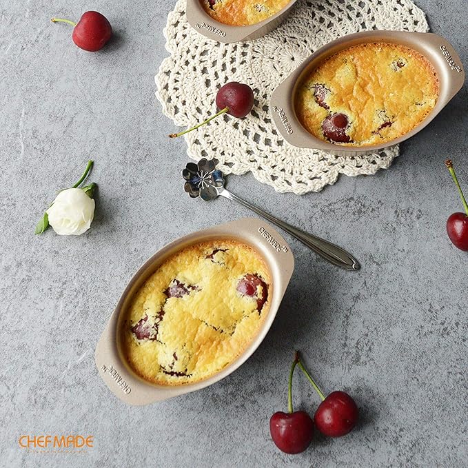 CHEFMADE Mini Cheese Cake Pan Set, 3.7-Inch 4Pcs Non-Stick Oval Cake and Loaf Bakeware for Oven and Instant Pot Baking (Champagne Gold)