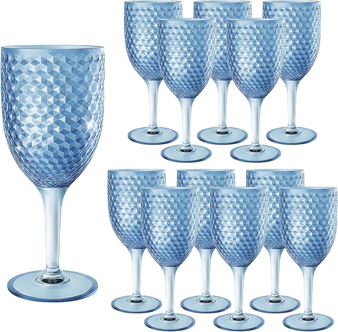 12PCS Blue Plastic Wine Glasses 13oz,Acrylic Goblets Toasting Glassware,Unbreakable Cups Drinking Glasses for Bar Party,Wedding