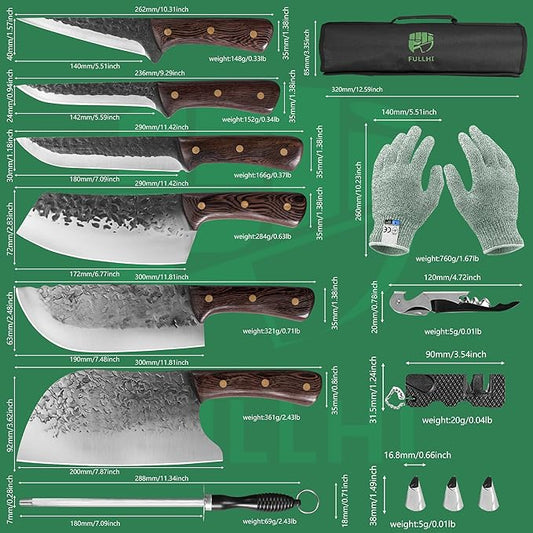 FULLHI Chef/Butcher Fish Knife Set, High Carbon Steel Hand Forged With Sheath For Kitchen, Camping, BBQ,13pcs with Magnetic Holder