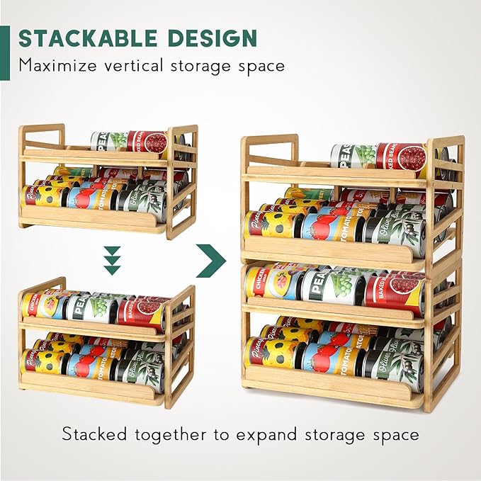 Rolling Bamboo Can Organizer Rack, Stackable Double-Layer Can Organizers and Storage For Pantry, Canned Goods Holder Dispenser For Countertop Kitchen Cabinet or Pantry Shelf