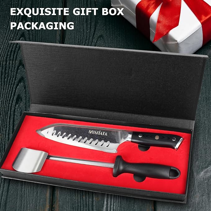 MOSFiATA Chef Knife,Kitchen Knife Santoku Chef's Knife 7 inch Multifunction Kitchen Knives Damascus Steel VG-10 Blade,Knife Sharpener Rod Gift Box