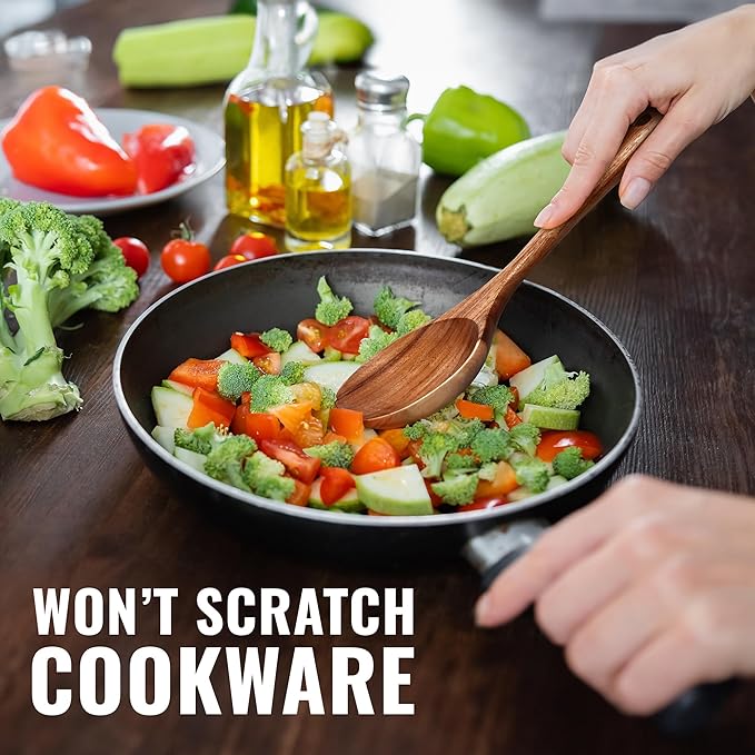 Zulay Kitchen 9.4" Teak Wooden Cooking Spoon – Durable, Non-Stick Wooden Utensil for Cooking, Stirring, Mixing & Serving – Heat-Resistant, Smooth Finish Kitchen Spoon for Nonstick Cookware