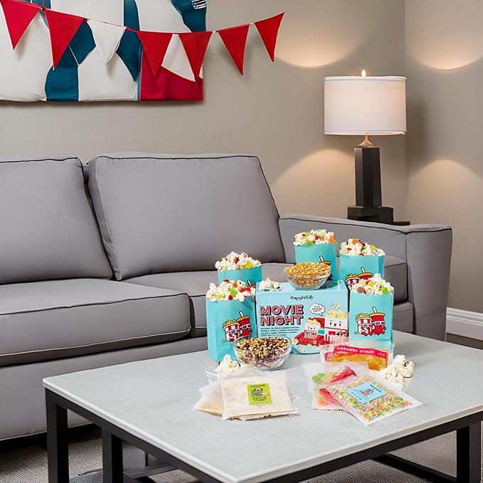Thoughtfully, Family Movie Night Supplies Kit, Includes Popcorn Bags, Gourmet Popcorn Kernels, Seasonings and Candy Toppings, Gift Basket Idea