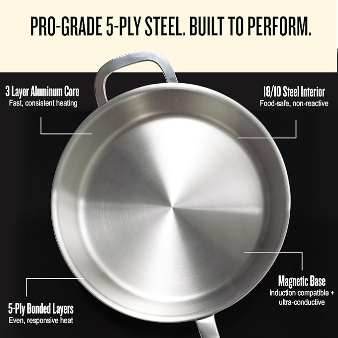Alva Maestro 5-Ply Stainless Steel Frying Pan with Glass Lid 9.5" - Oven Safe and Made without PFAS, PFOA & PTFE - Induction and All Stovetop Compatible with Even Heat Distribution