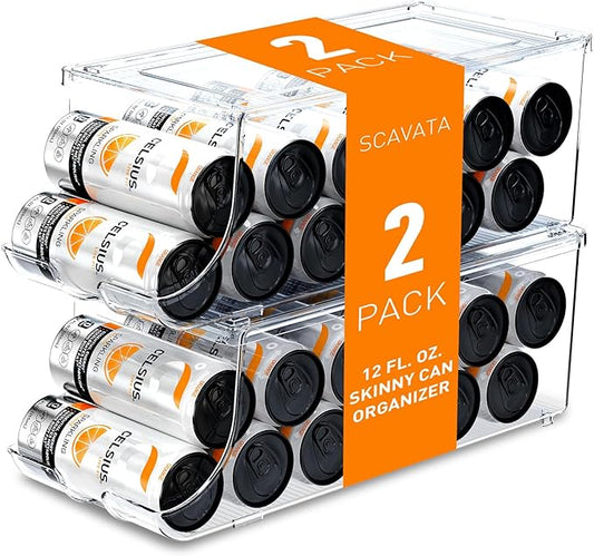 2 Pack Skinny Can Organizer for Refrigerator, Stackable Tall Skinny Soda Pop Can Holder Dispenser with Lid for Fridge Pantry Rack Freezer, Clear Plastic Storage Bins-Holds 12 Slim Cans Each