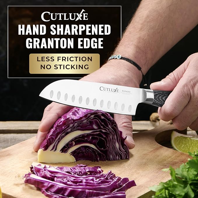 Cutluxe Santoku Knife – Ultra Sharp 5 Inch Vegetable Japanese Knife for Chopping, High Carbon Stainless Steel Blade, Full Tang Pakkawood Handle – Shinobi Series