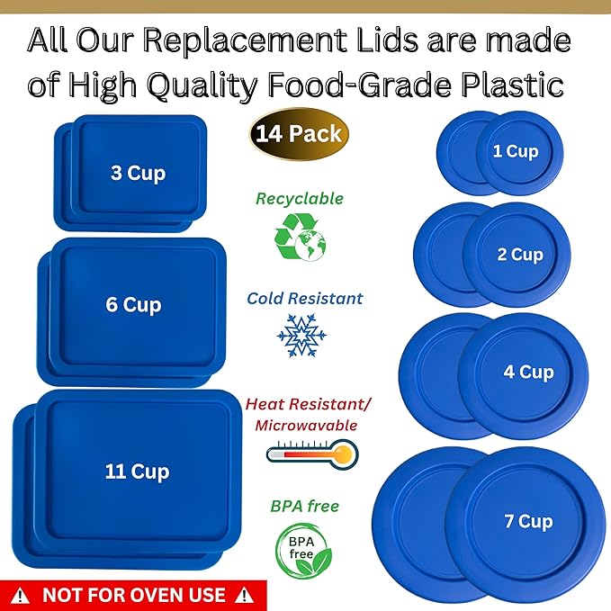 1, 2, 4 & 7 Cup Blue Round & 3, 6, 11 Cup Blue Rectangle Replacement Lids/Covers for Pyrex, Anchor Hocking & KlareWare Storage Bowls *Lids Only -Glass Container Not Included*, 14 Pack *2 of Each Size*