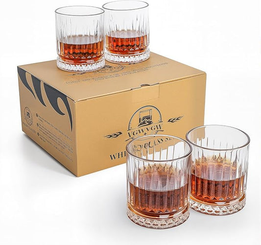 Whiskey Glass Set of 4,12 oz Bourbon Glass, Lead-Free Crystal Old Fashioned Glass Set, Suitable for Scotch Whisky, Cocktails, Home Bar Parties, Unique Gift for Men and Women