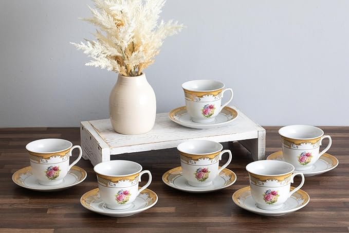 Vintage Rose Tea Set - 12 Piece Elegant White and Floral Design - 5.5 Inch Saucers, 6.5 oz Porcelain Cups - For Black Tea Or Cappuccino (Vintage Rose)