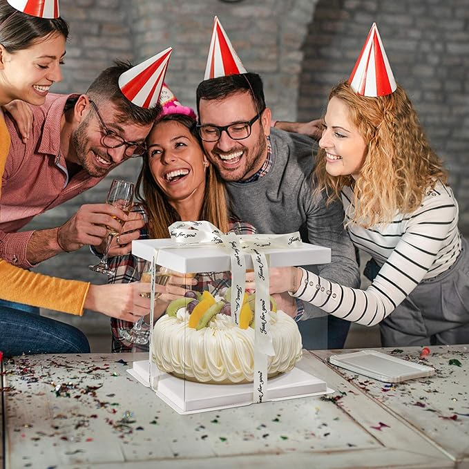 Clear Cake Box, 2-Pack Cake Carrier Container 10" X 10" X 9" with Ribbon Transparent Boxes with Lid Gift Package for Birthday Wedding Party, White