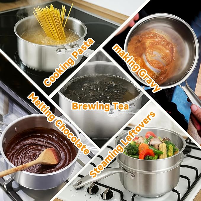 Stainless Steel Small Brushed Saucepan With Lid, Induction Cooking Sauce Pot Pans, 18/10 Tri-Ply Heavy Bottom Saucier Cookware, Dishwasher Safe & Oven Safe (1.5QT)