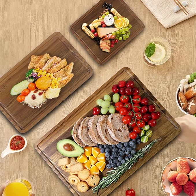 Wood Cutting Boards Set of 3 for Kitchen, Thick Chopping Board, Large Wooden Cutting Board Set with Deep Juice Groove and Handles, Wooden trays for meat, fruit and cheese