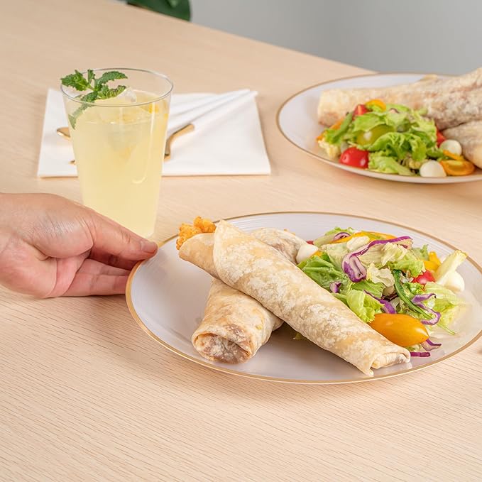 Restaurantware Plastic Plates 100 Pcs 10" Gold Rimmed Disposable Plates Heavy-Duty White Translucent Rippled Plastic Dinner Servers for Party, Weddings, Salads, Desserts, and Appetizers
