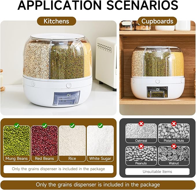 Rice Dispenser | 360° Rotating Grain Storage Bin - 6 Grids, 20LBS Large Capacity Food Container, Moisture-Proof, One-Click Output for Rice, Beans & Pet Food - Kitchen Pantry Organizer