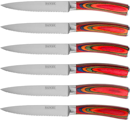 Totally Bamboo Baltique Marrakesh Collection Kitchen Steak Knives Set of 6, 5-Inch Stainless Steel Serrated Knife Set with Colorful Wooden Handles for Cutting Meat