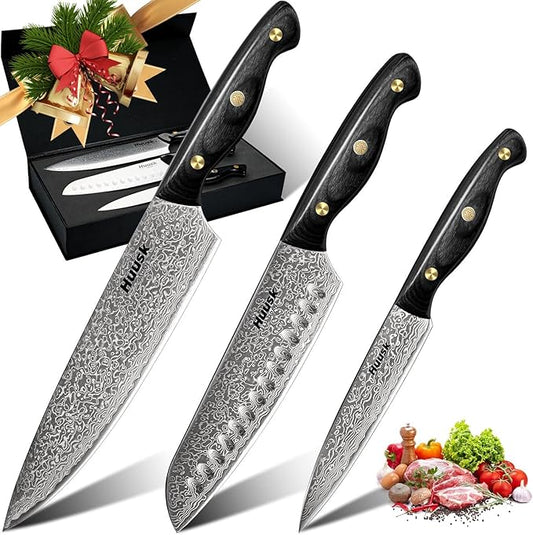 Huusk Damascus Chef Knife Set 3 PCS,VG10 Santoku Knives set,Damascus Kitchen Utility Knives set with Ebony Handle, Damascus Paring Knives Set for Meat Vegetable Fruit, Dad Mom Gift