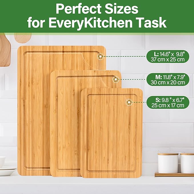 Bamboo Cutting Board For Kitchen, Bamboo Cutting Board Set of 3 with Juice Groove, Double-Sided Chopping Board Serving Board for Meat, Vegetables and Cheese