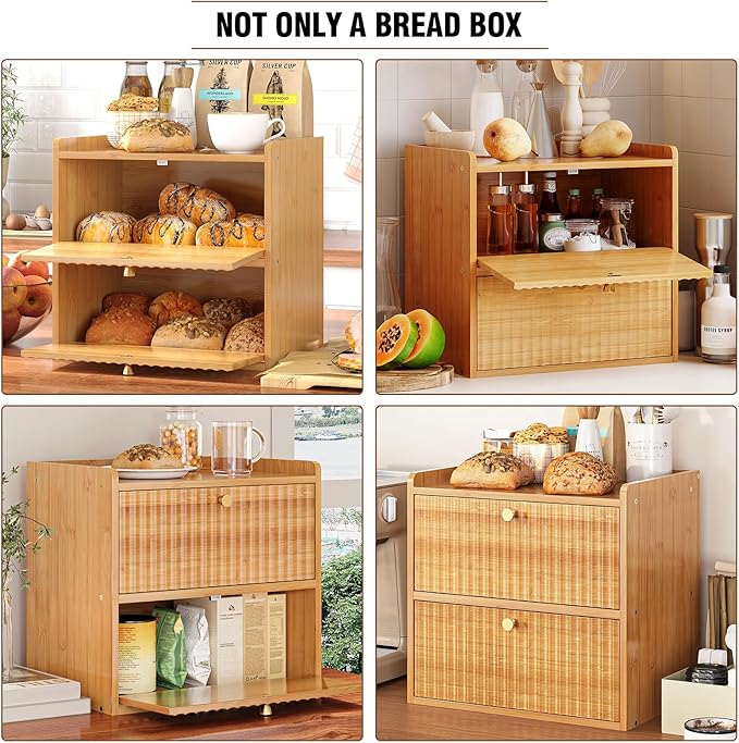 Rustic Bread Box for Kitchen Countertop Bamboo Bread Storage Container Bin Double Layer BreadBox Farmhouse Large Capacity Food Organizer (Natural Bamboo)