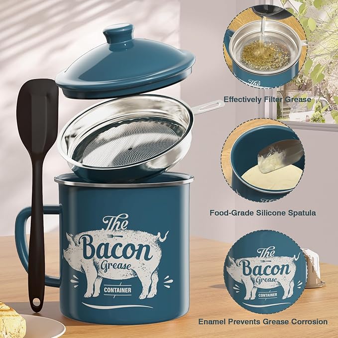 Bacon Grease Container With Strainer, 46OZ Large Enamel Grease Container, With Silicone Spatula, Farmhouse Bacon Grease Keeper, Cooking Oil Container For Kitchen Fat Storage, Dishwasher Safe-Blue