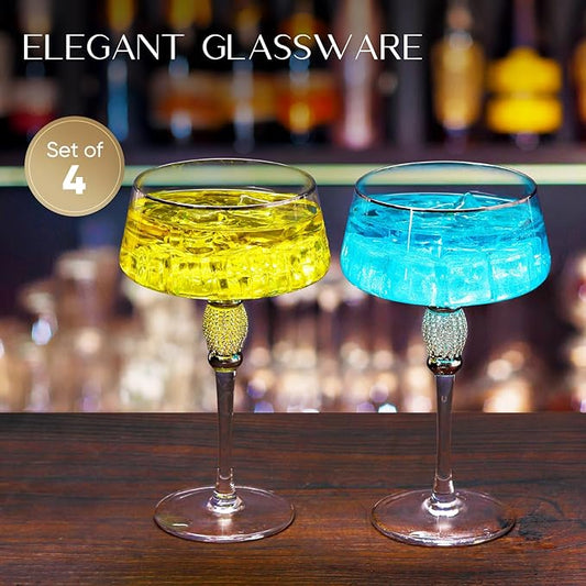 Silver Martini Glasses,Coupe Glass set of 4,Cocktail,Silver Rimmed&Rhinestones,Margarita,Cocktail,Scocktail Glass.Champagne Tower,Art Deco Glassware,Home Parties,9OZ.