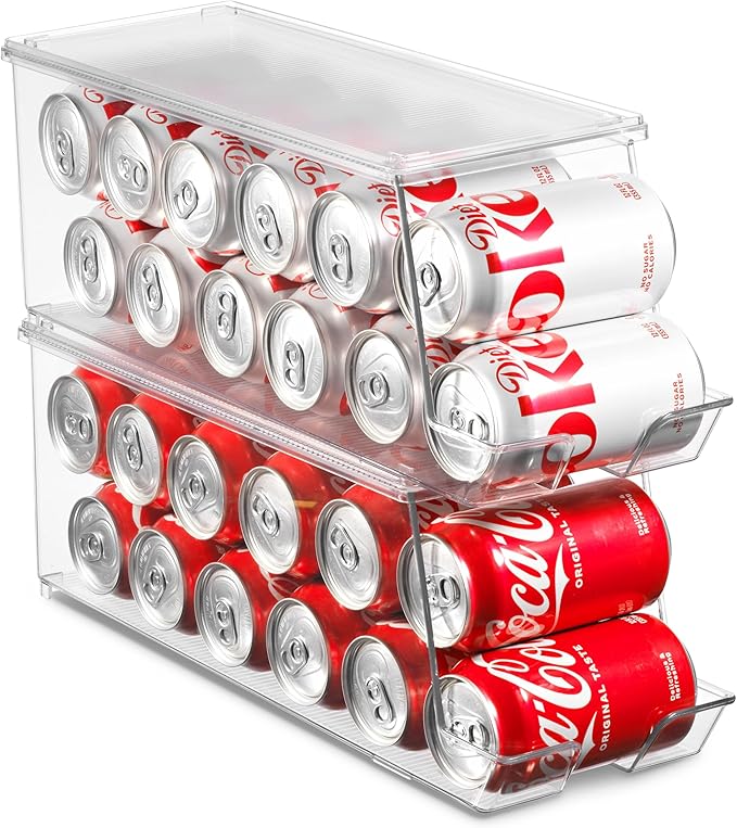 Set of 2 Stackable Refrigerator Organizer Bins Pop Soda Can Dispenser Beverage Holder for Fridge, Freezer, Kitchen, Countertops, Cabinets - Clear Plastic Canned Food Pantry Storage Rack Holds 12 Cans
