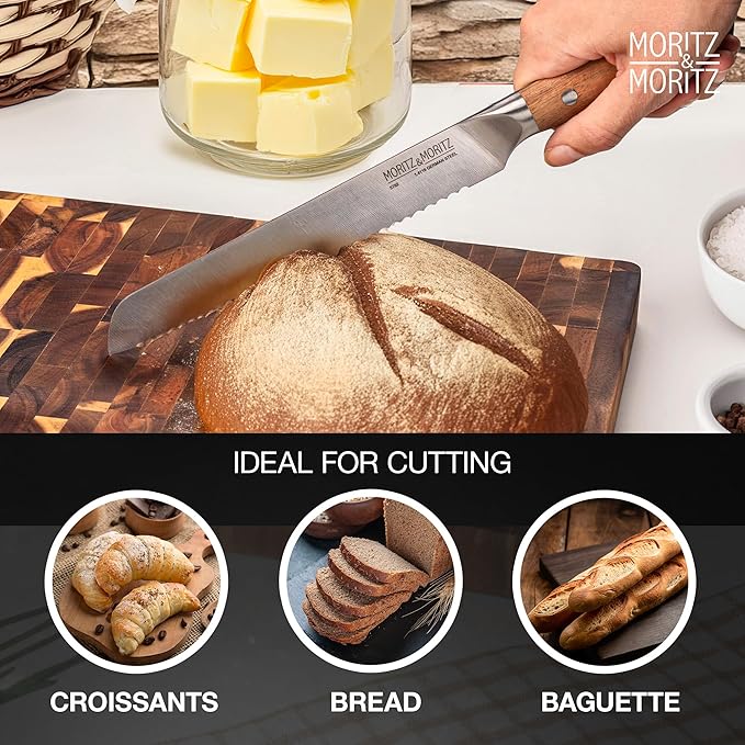 Moritz & Moritz 8-Inch Serrated Bread Knife β Professional Kitchen Bread Knife for Homemade Bread, Baguettes, Pastries & Cakes β Sharp German Stainless Steel Blade with Ergonomic Acacia Wood Handle