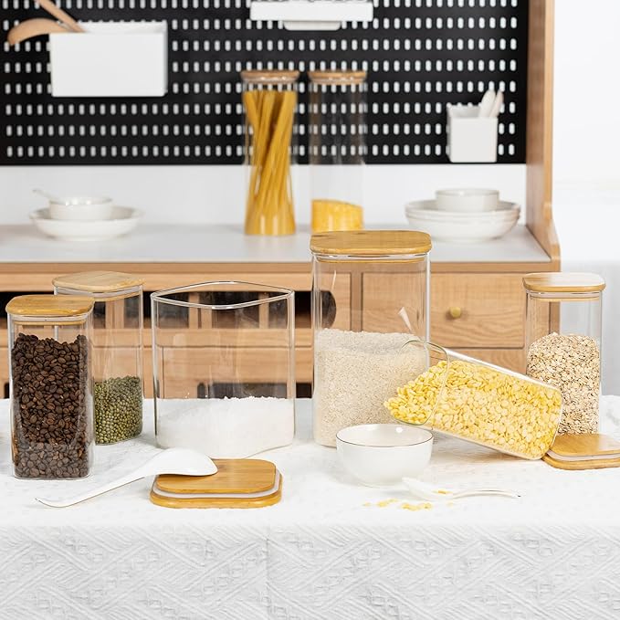 156oz 52oz Airtight Glass Square Storage Canister with Bamboo Lid Set of 2(4600ml*1 1550ml*1) Large Gallon Glass Jars for Sugar, Flour, Cookies and Coffee beans (with Black Lable)