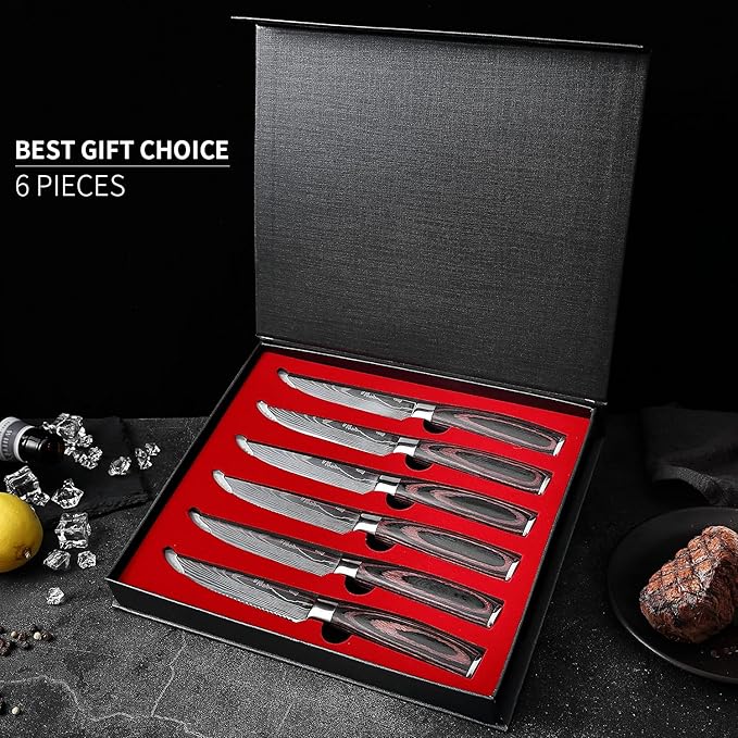 Serrated Steak Knife Set - 6pcs Premium 4.5 inch Kitchen Cutting Steak Knives, German Stainless Steel Knife Professional Table Dinner Knife with Pakkawood Handle for Home Restaurant