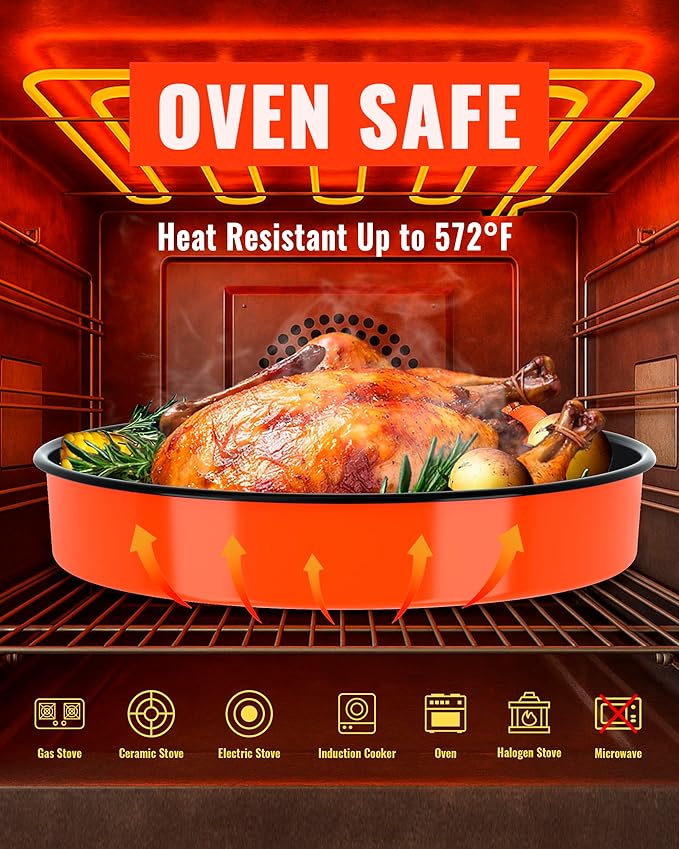 Round Roasting Pans Bakeware 4 Pack Enamelwere Baking Cake Pans Set Casserole Dishes 9/10/12/14inch Turkey Chichen Vegetables Roaster Oven Dishwasher Safe Thanksgivinfg Holiday (Orange)