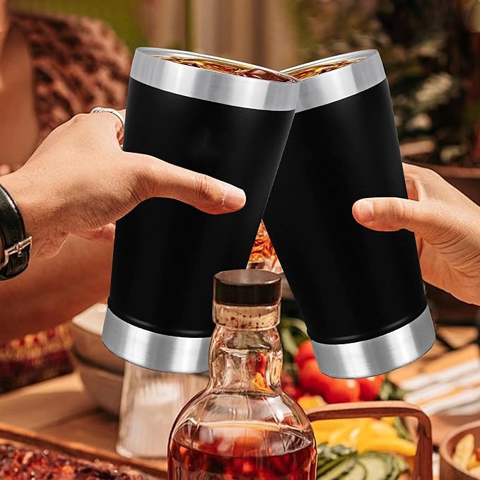 16 oz Insulated Pint Glasses Set of 6, Double Walled Cup Stainless Steel, Cold Drinking Stacking Tumbler, Black, Ideal for Beer Lover, Coffee, Cocktail