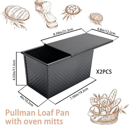pullman loaf pan with lid - bread pans for homemade bread - 1Lb Non-Stick loaf baking pans - Carbon Steel Toast Box with Oven Mitts(set of 2)