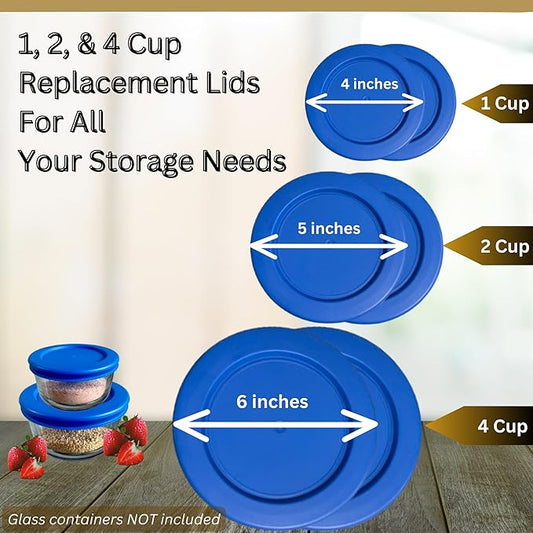 1, 2 & 4 Cup Blue Replacement Lids/Covers for Pyrex, Anchor Hocking & KlareWare Storage Bowls *Lids Only Glass Container Not Included* (6 Pack *Two of Each Size*)