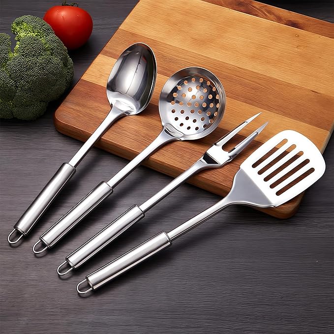 Stainless Steel Cooking Utensils Set, 25pcs Kitchen Utensils Set with Holder, Heat Resistant Kitchen Utensils Sets for Cooking with Turners, Potato Masher, Skimmer, Spoons, Tongs, Whisk