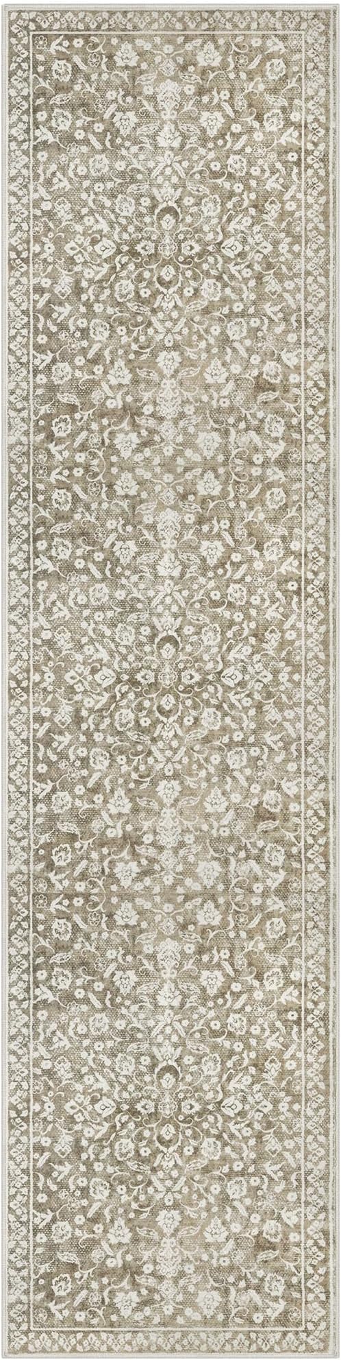Vintage Runner Rugs for Hallway 3x10, Beige Washable Long Hallway Runner Rug Non Slip, Super Soft Kitchen Runner Rug, Print Faux Wool Floral Thin Carpet Runner for Entryway Bedroom